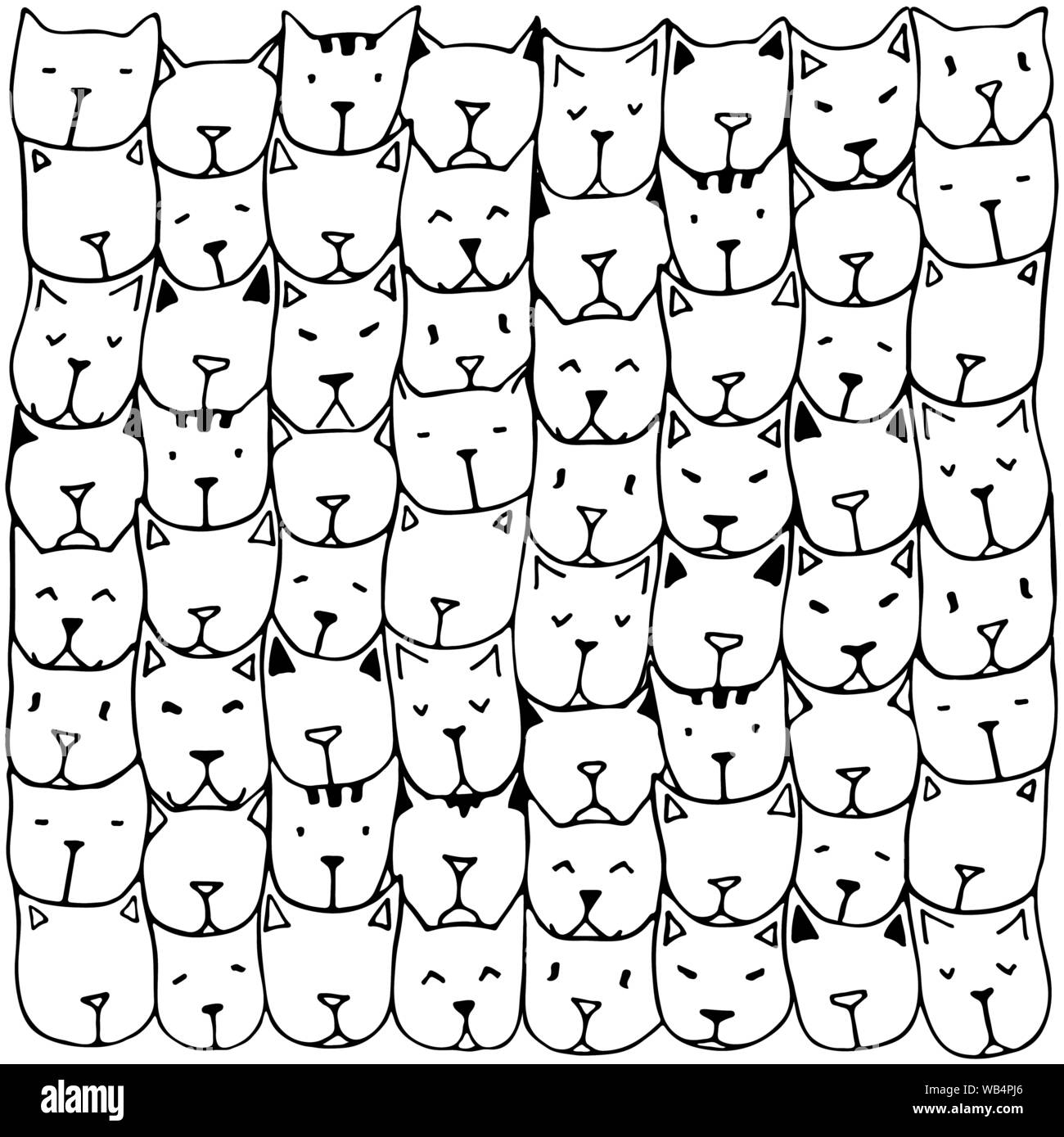 Seamles pattern with cute hand drawn doodle cats. Vintage vector illustration. Background with cat faces. Adult coloring pages. Coloring book. Stock Vector