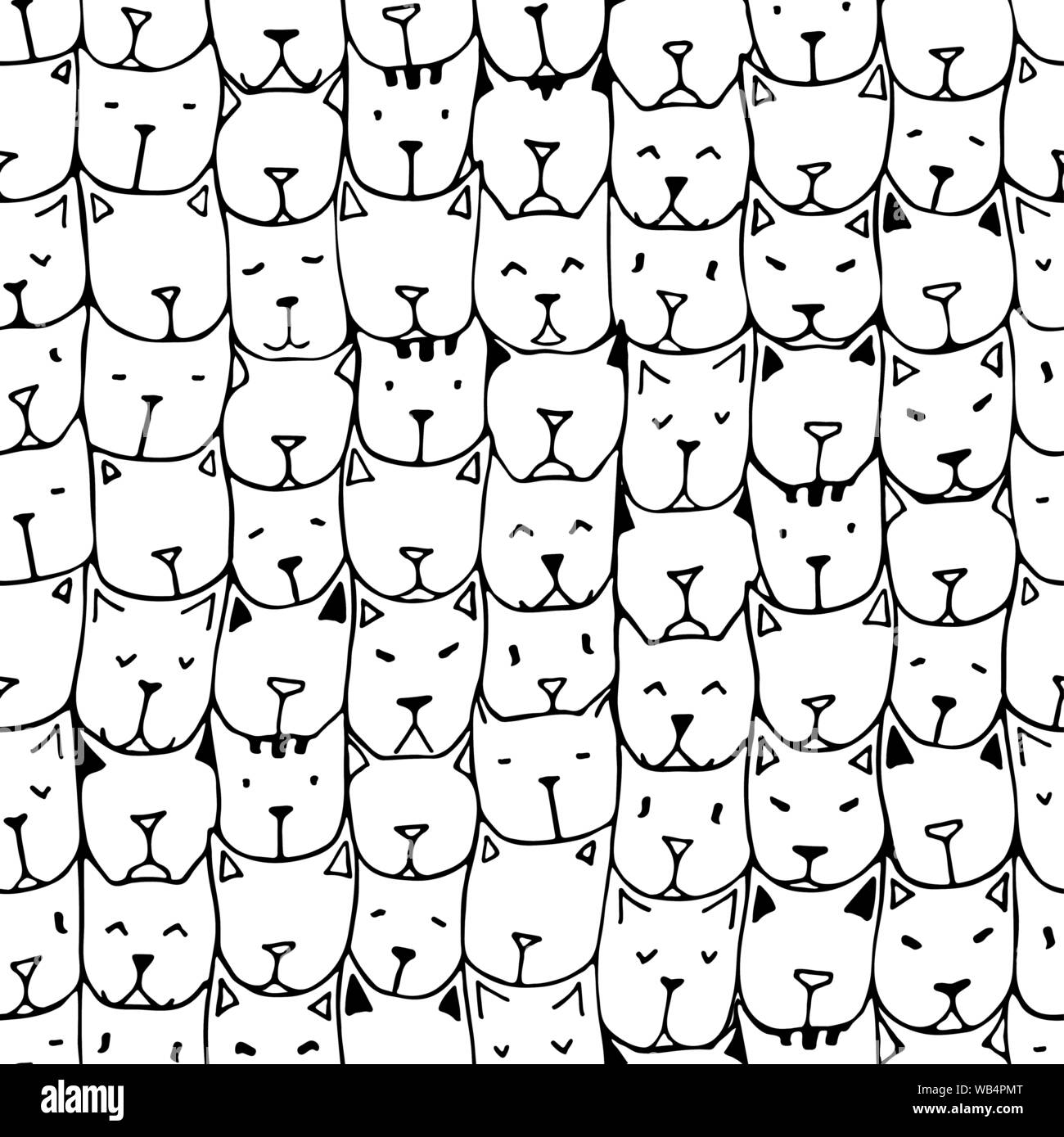 Seamles patterns with cute hand drawn cats. Vintage vector illustration. Doodle art. Background with cat faces. Adult coloring pages. Zentangle coloring book. Stock Vector