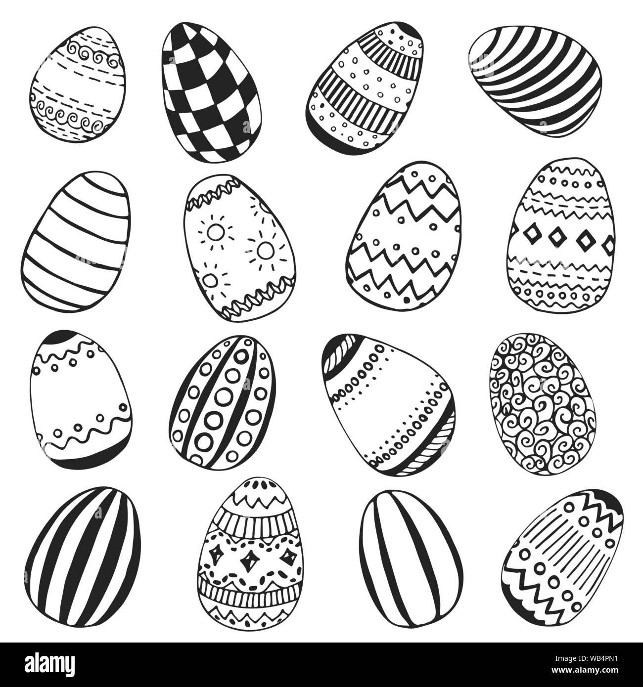Set of decorative ornamental black and white easter eggs. Set of Easter eggs. Hand drawn decorative elements in vector. Pattern for coloring book. Zentangle Stock Vector