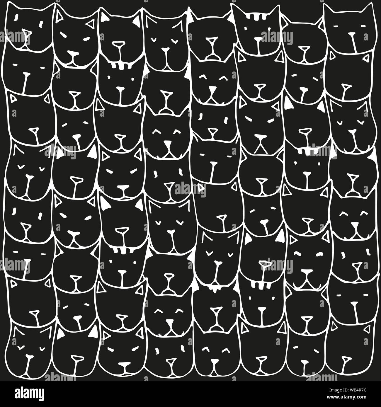 Seamles pattern with cute hand drawn doodle cats. Vintage vector illustration. Background with cat faces. Adult coloring pages. Coloring book. Stock Vector