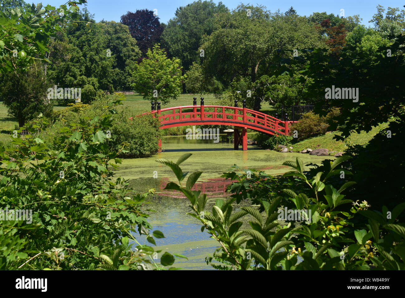 Red wooden bridge in a Japanese meditation garden at Duke Farms