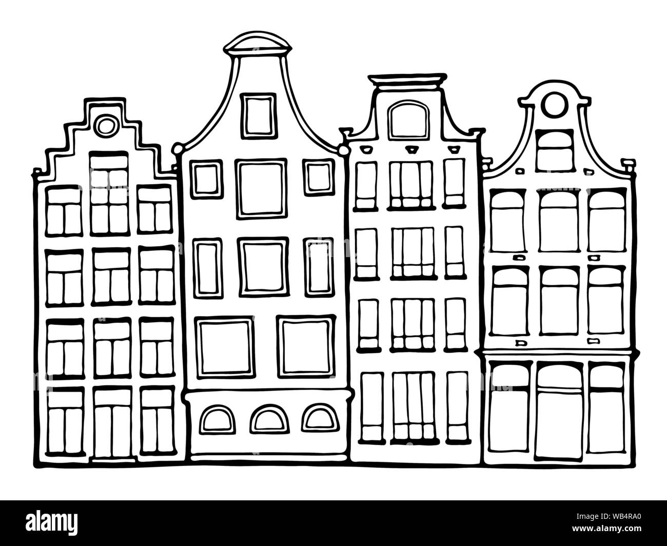 Hand drawn doodle scandinavian houses in black and white. Dutch home. Stylized Netherlandish hous. Zentangle. Vector Illustration. Stock Vector