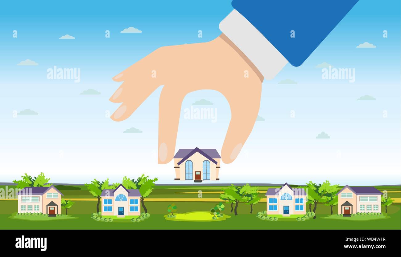 Vector of a hand picking up a house. Property for sale, real estate concept Stock Vector