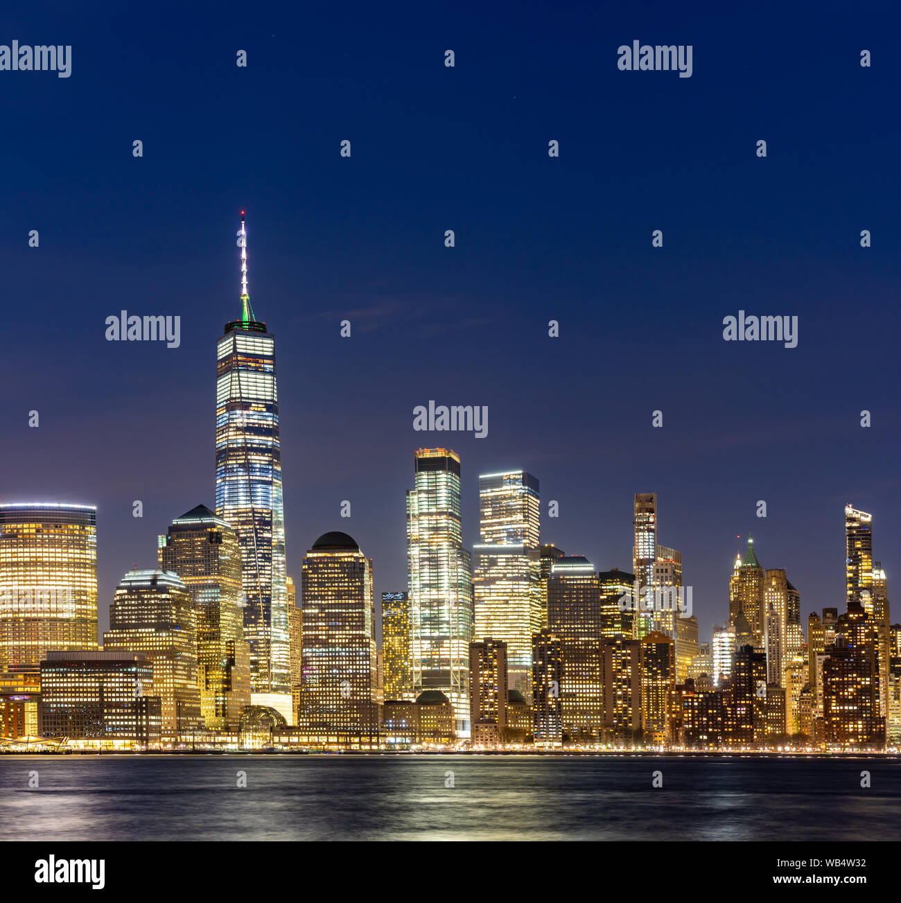 New York city Lower Manhattan skyline cityscape at dusk from New Jersey ...
