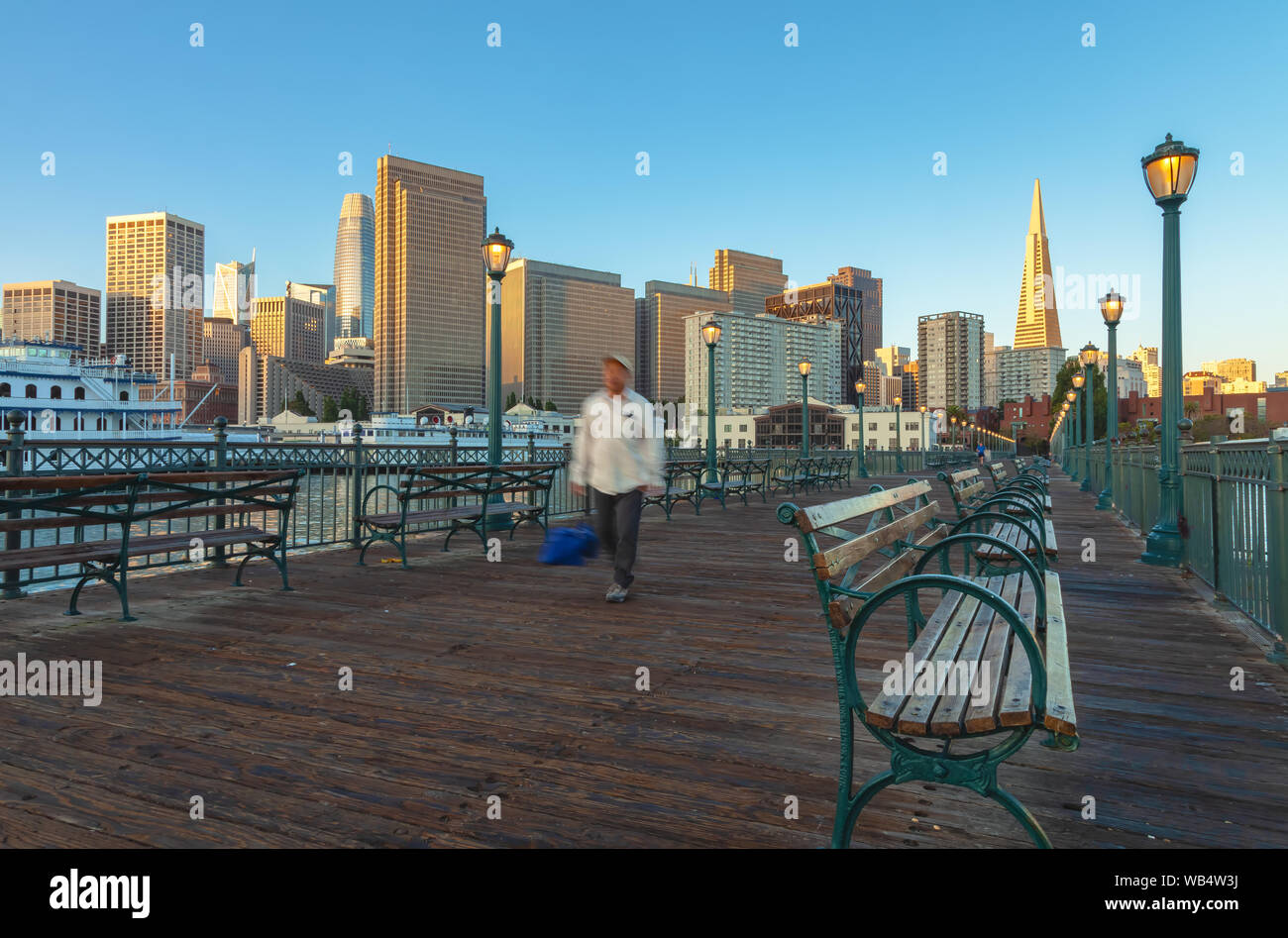 View of the San Francisco downtown, California, United States from Pier 7 at sunrise. Stock Photo