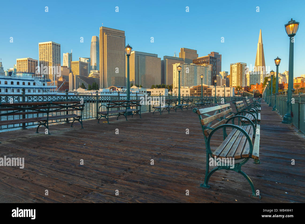 View of the San Francisco downtown, California, United States from Pier 7 at sunrise. Stock Photo