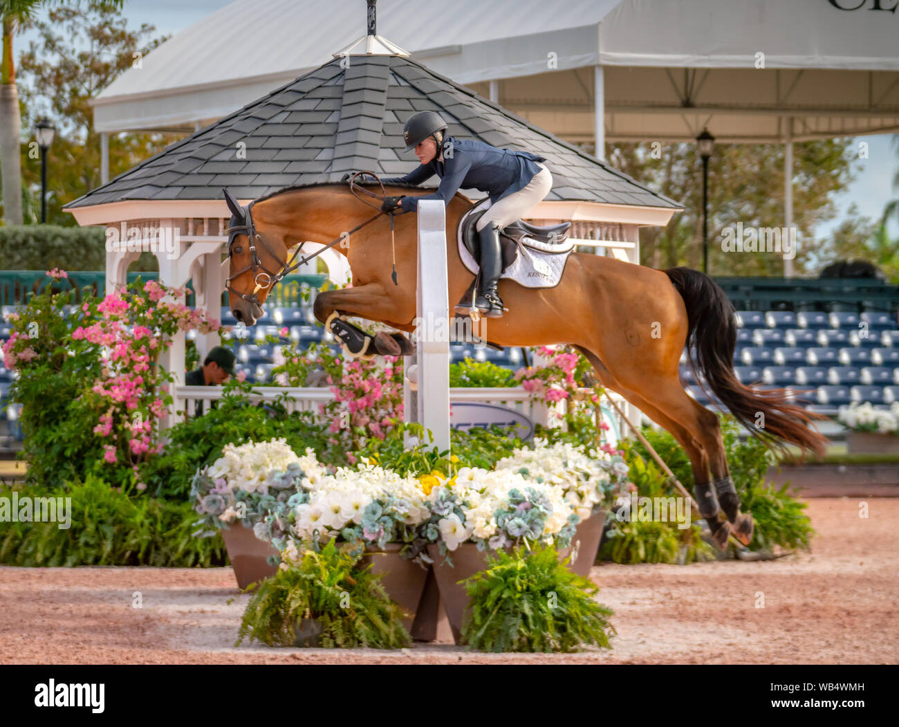 Rider and horse jumping over fences at a horse show outside Stock Photo