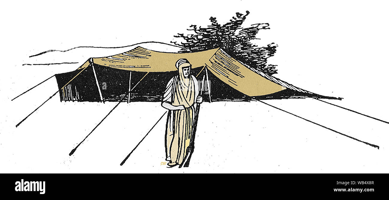 1930s - A sketch of an Arab  bedu and a Bedouin tent in the Algerian Sahara desert, Africa Stock Photo