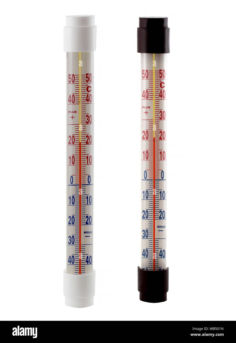 Outdoor thermometer on the white background in white and black colour. They show a temperature of 21 degrees. Stock Photo