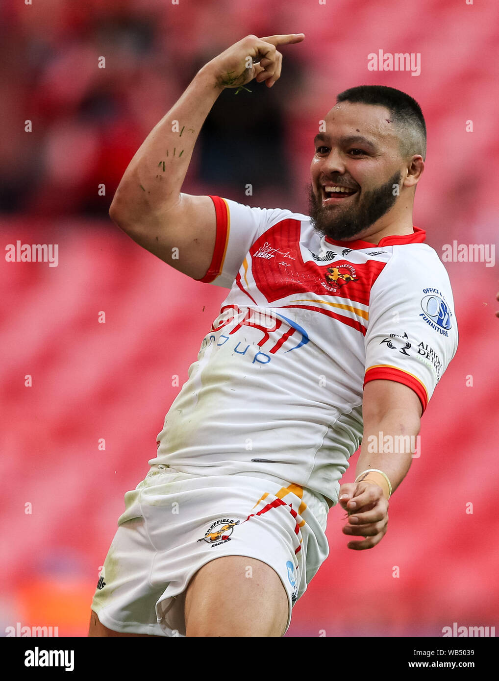 Sheffield Eagles' Corey Makelim celebrates scoring a try during the ...