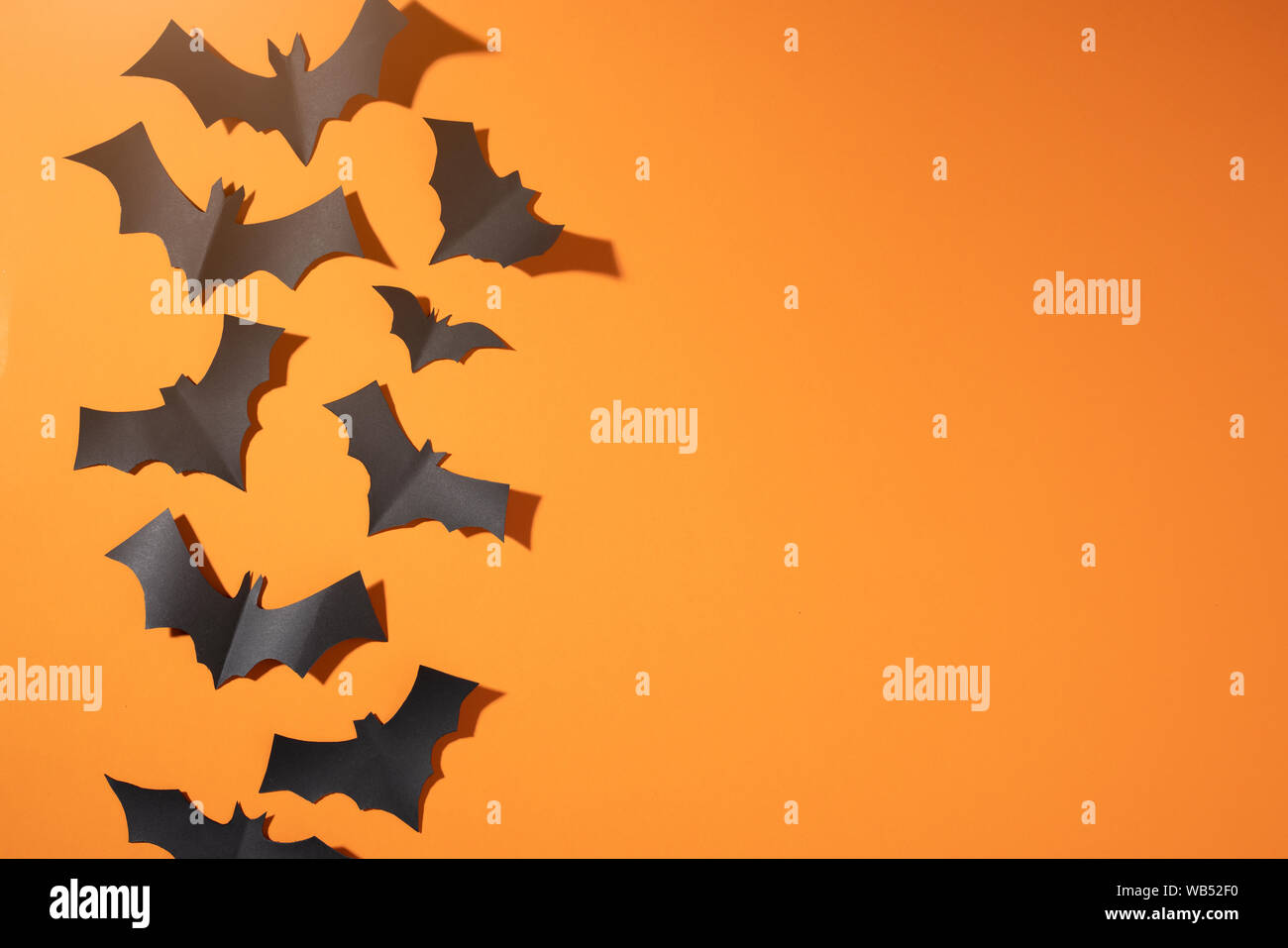Halloween picture of black bats flying up on blank orange background ...