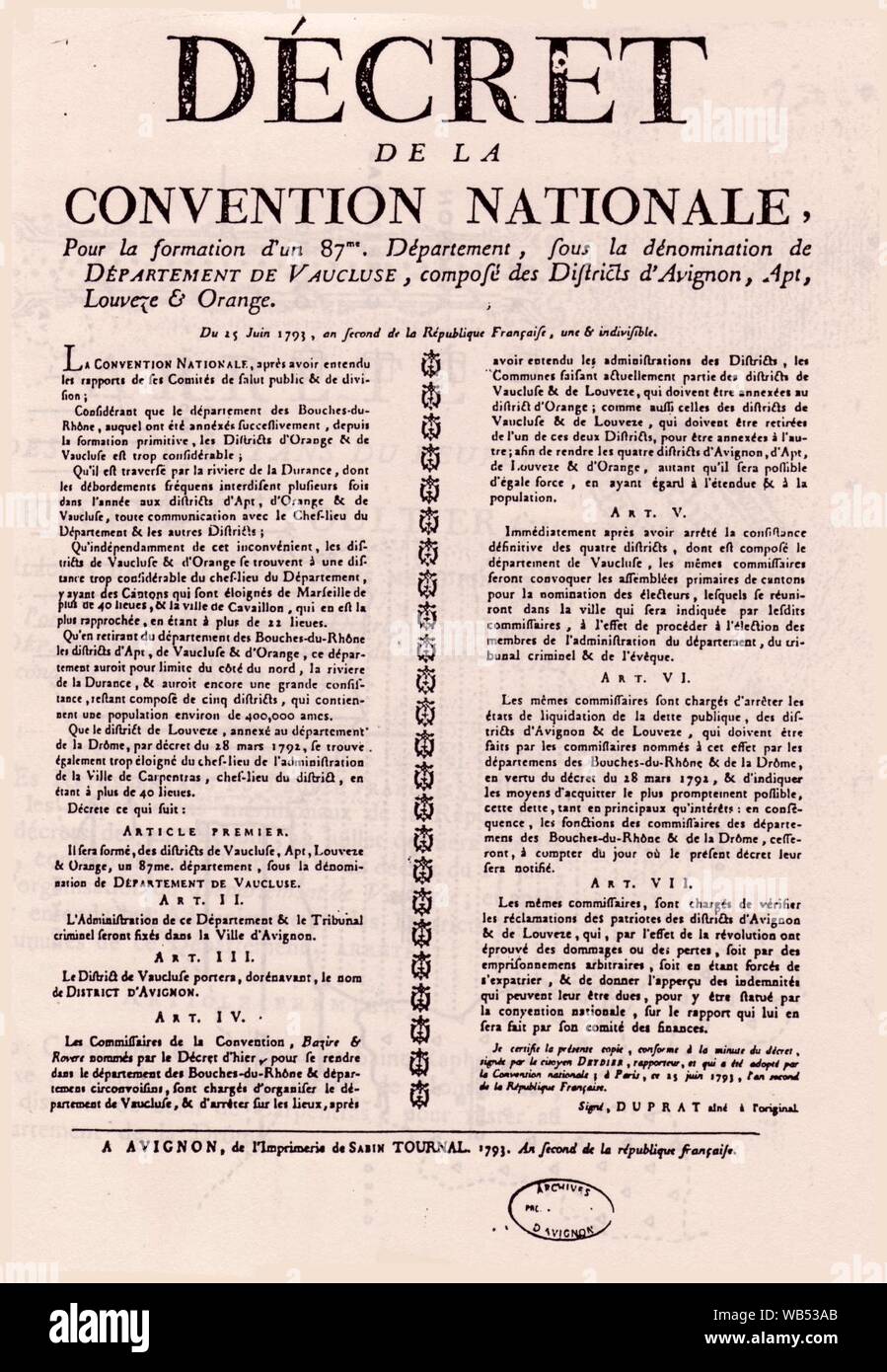 Décret de la Convention Nationale Département de Vaucluse. Stock Photo