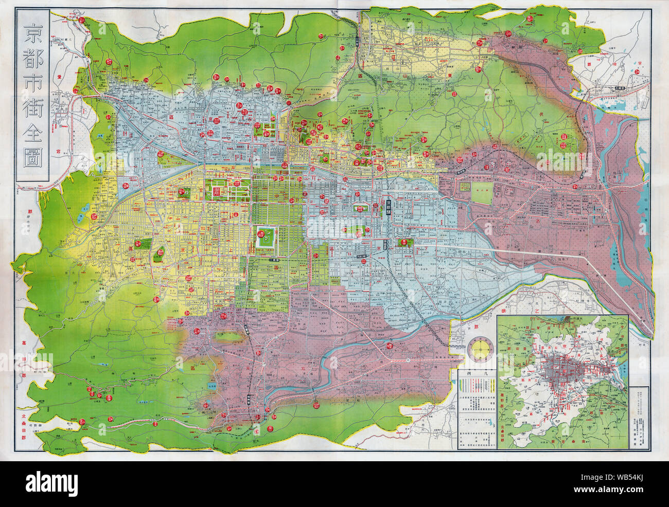 [ 1930s Japan - Map of Kyoto, 1936 ] —   Map of Kyoto city, printed on Apr 25, 1936 (Showa 11). Includes clear reference marking to the city's main sights.  20th century vintage map. Stock Photo