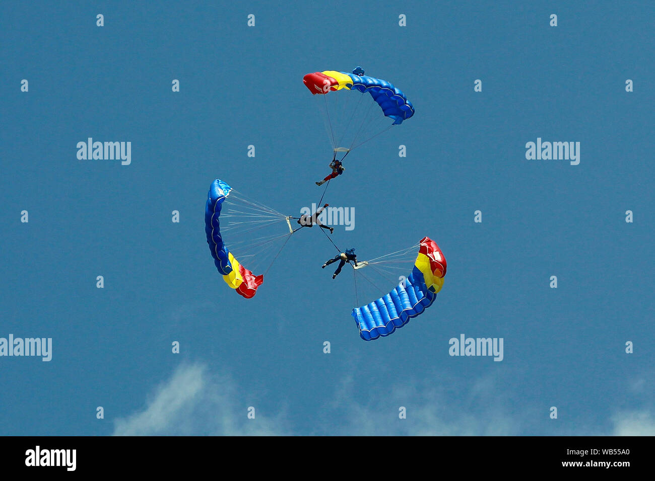 Bucharest, Romania. 24th Aug, 2019. Romanian paratroopers of the Blue Wings perform during the Bucharest International Air Show in Bucharest, Romania, on Aug. 24, 2019. Bucharest International Air Show and General Aviation Exhibition was held here on Saturday, bringing over 100 aircrafts to the public. Credit: Cristian Cristel/Xinhua Stock Photo