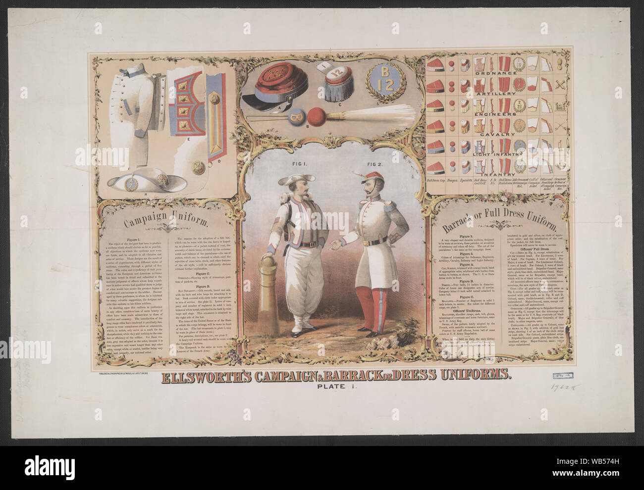 Ellsworth's campaign & barrack or dress uniforms. Plate 1 / published and lithographed by Edw. Mendel, 162 Lake St., Chicago. Abstract/medium: 1 print : chomolithograph ; 66.7 x 97.1 cm Stock Photo