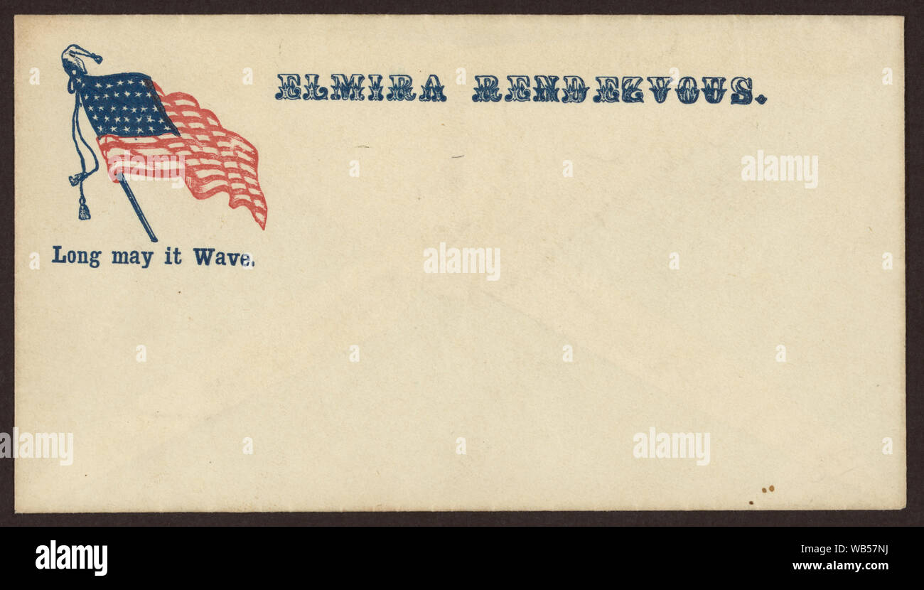 Elmira rendezvous, long may it wave Abstract/medium: 1 print  : wood engraving on envelope, red and blue ink ; image and text 3.5 x 10.5 cm, on envelope 8 x 14 cm. Stock Photo