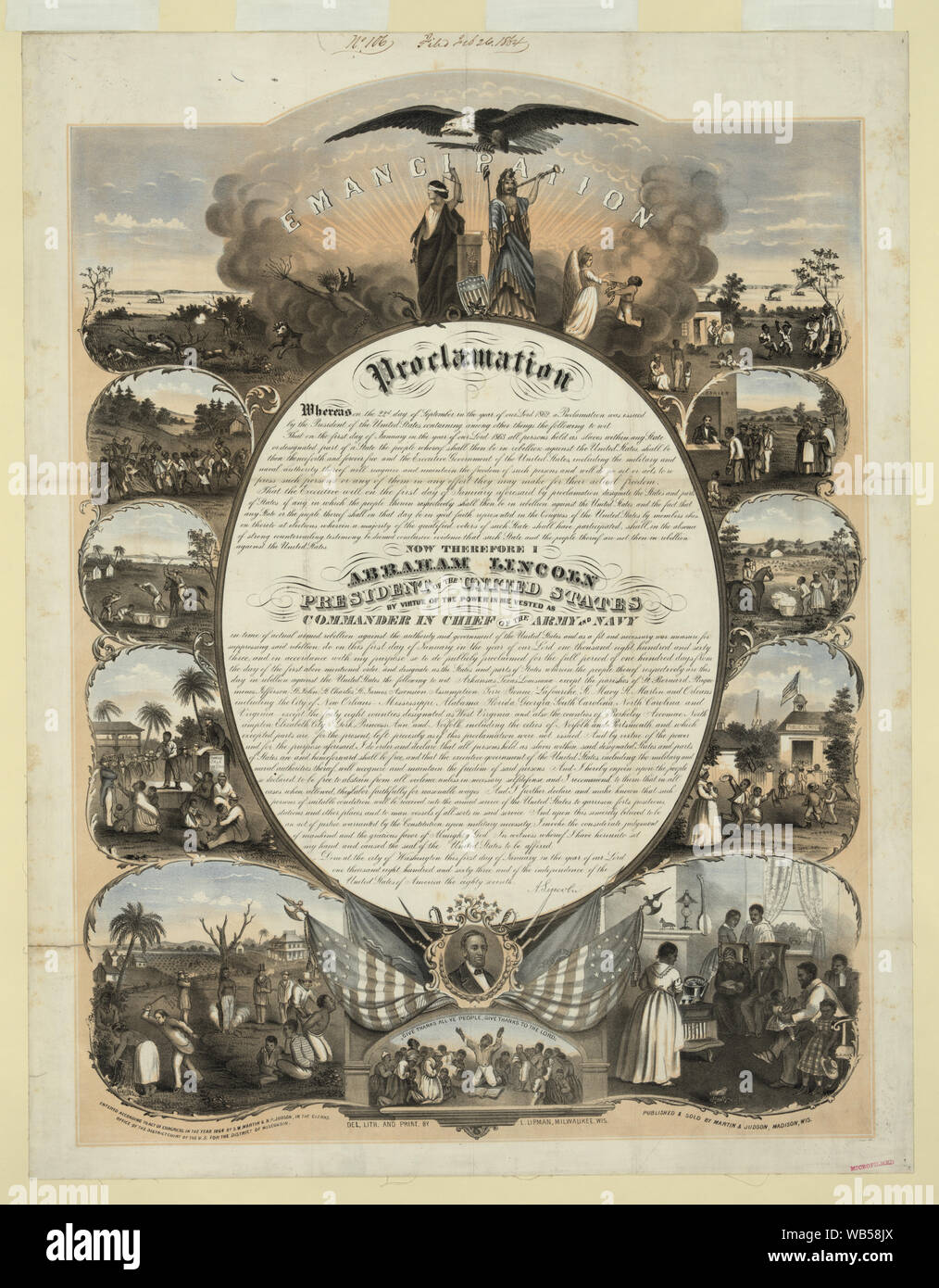 Emancipation Proclamation Abstract: Print shows at center the text of the Emancipation Proclamation with vignettes surrounding it; on the left are scenes related to slavery and on the right are scenes showing the benefits attained through freedom; also shows Justice and Columbia at the top center beneath a bald eagle and a portrait of Abraham Lincoln at bottom center above a scene of former slaves giving thanks. Stock Photo