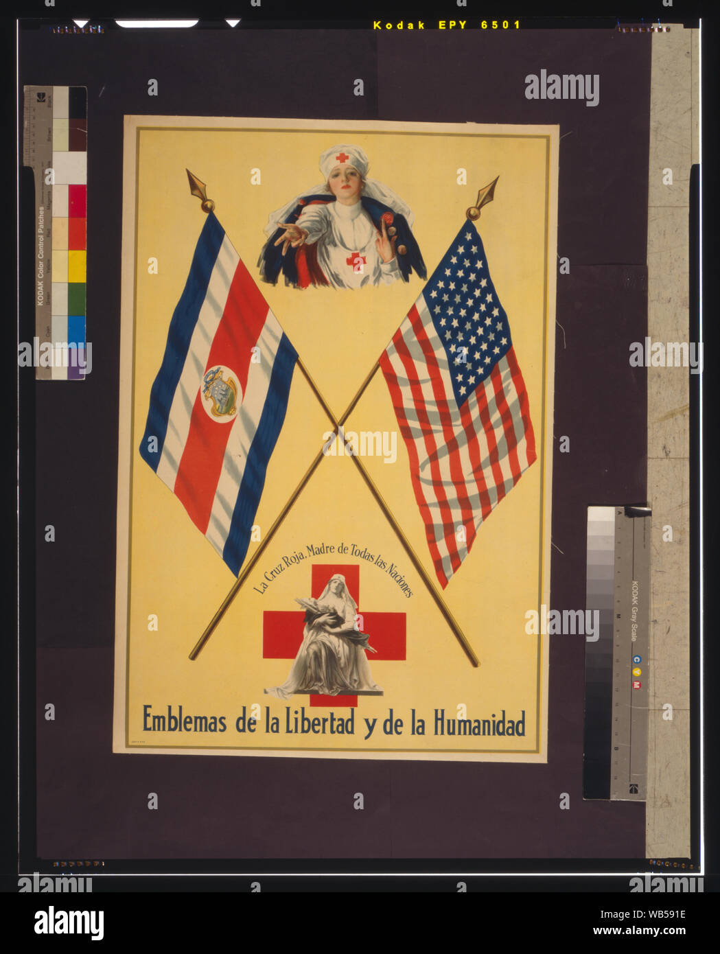 Emblemas de la libertad y de la humanidad Abstract: Poster showing two Red Cross nurses, one, a Madonna figure, cradling in her arms a wounded soldier(?) on a litter, between the flags of Costa Rica and the United States. Stock Photo