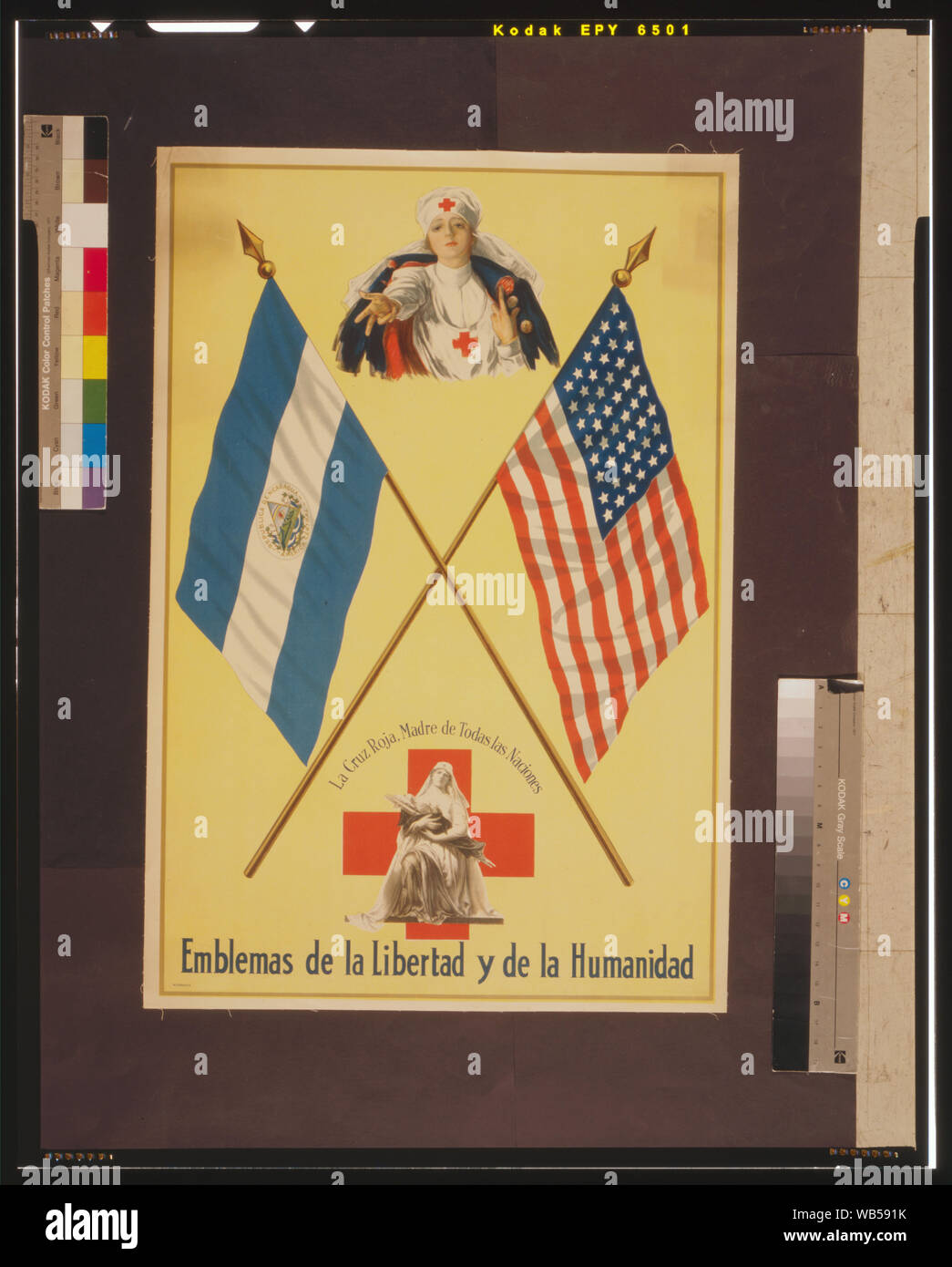 Emblemas de la libertad y de la humanidad Abstract: Poster showing two Red Cross nurses, one, a Madonna figure, cradling in her arms a wounded soldier(?) on a litter, between the flags of Nicaragua and the United States. Stock Photo