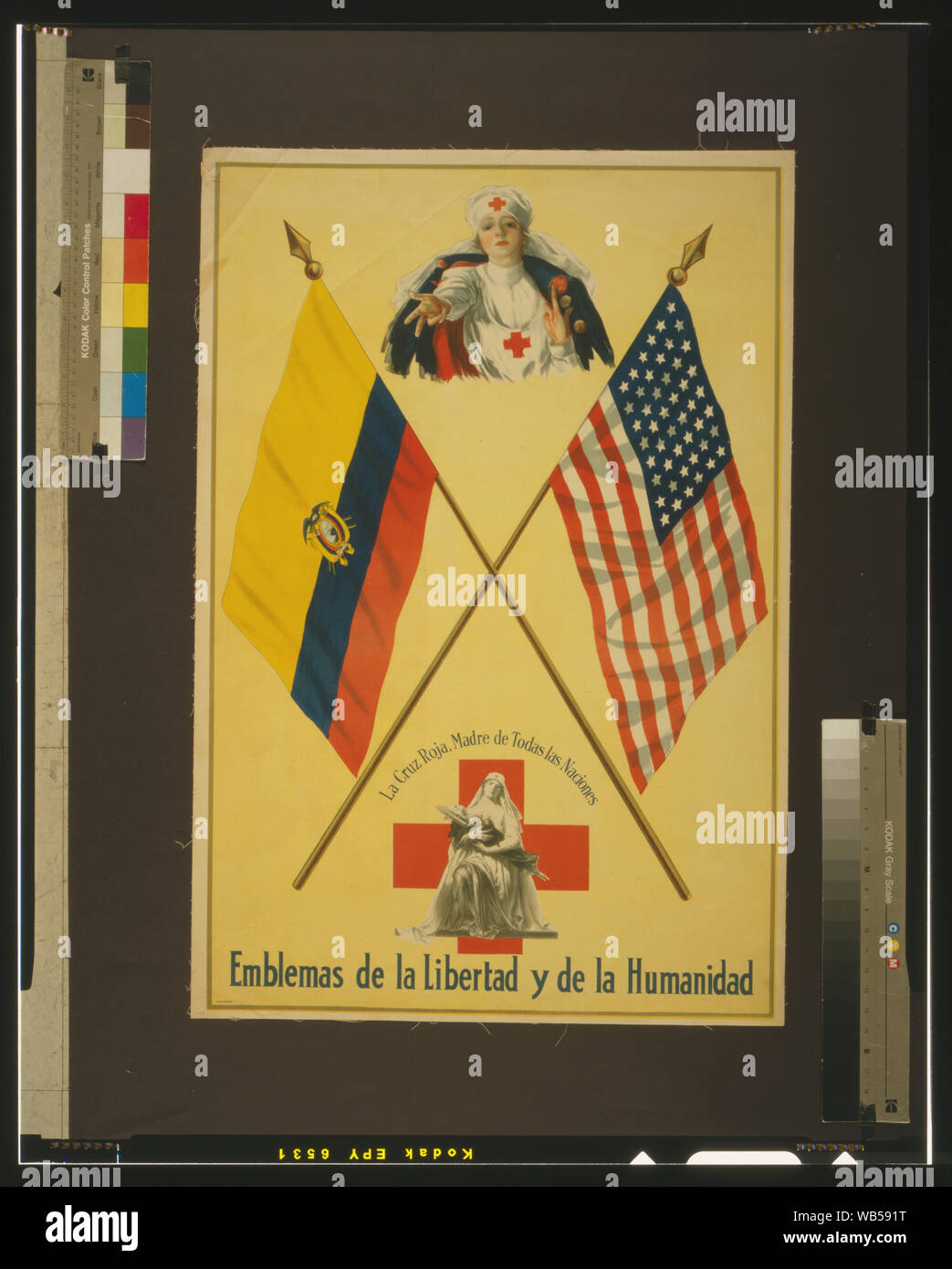 Emblemas de la libertad y de la humanidad Abstract: Poster showing two Red Cross nurses, one, a Madonna figure, cradling in her arms a wounded soldier(?) on a litter, between the flags of Ecuador and the United States. Stock Photo