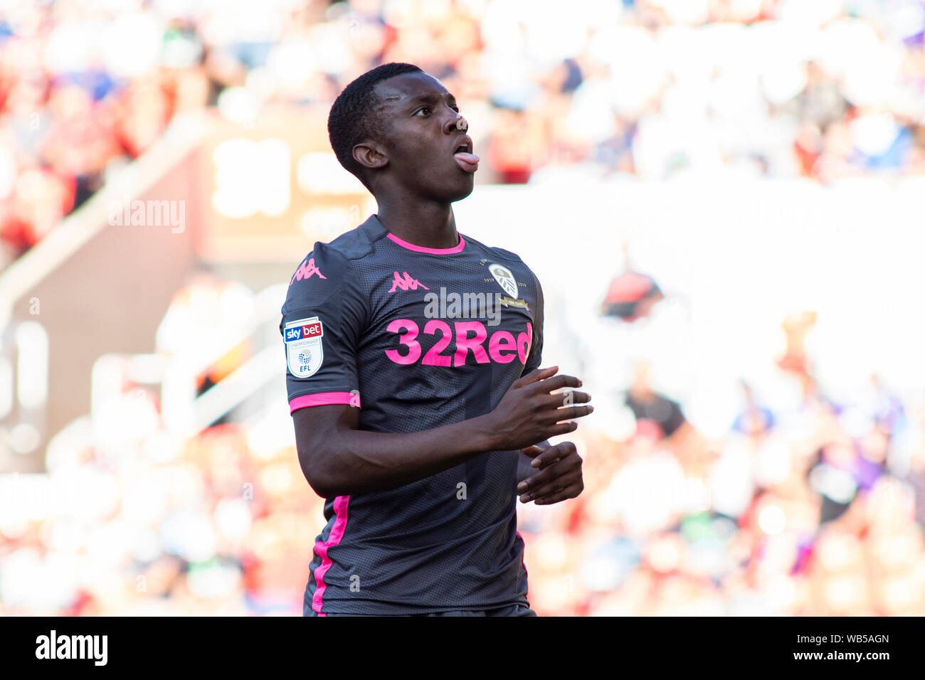 Stoke On Trent, UK. 24th Aug, 2019. Eddie Nketiah of Leeds United reacts. EFL Skybet championship match, Stoke City v Leeds United at the Bet365 stadium in Stoke on Trent on Saturday 24th August 2019. this image may only be used for Editorial purposes. Editorial use only, license required for commercial use. No use in betting, games or a single club/league/player publications. pic by Lewis Mitchell/Andrew Orchard sports photography/Alamy Live news Credit: Andrew Orchard sports photography/Alamy Live News Stock Photo