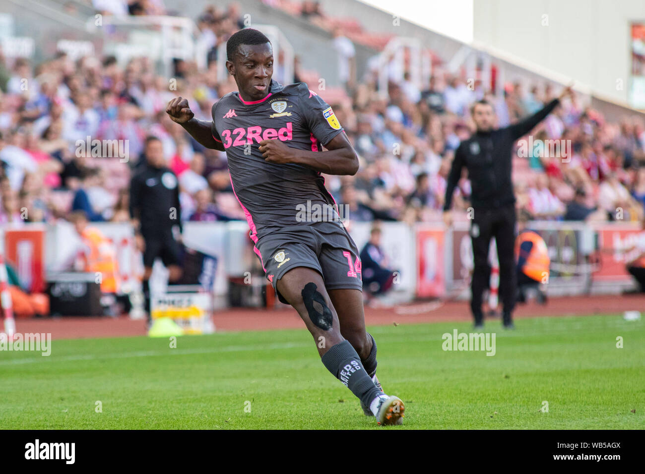Stoke On Trent, UK. 24th Aug, 2019. Eddie NKetiah of Leeds United in action against Stoke City. EFL Skybet championship match, Stoke City v Leeds United at the Bet365 stadium in Stoke on Trent on Saturday 24th August 2019. this image may only be used for Editorial purposes. Editorial use only, license required for commercial use. No use in betting, games or a single club/league/player publications. pic by Lewis Mitchell/Andrew Orchard sports photography/Alamy Live news Credit: Andrew Orchard sports photography/Alamy Live News Stock Photo