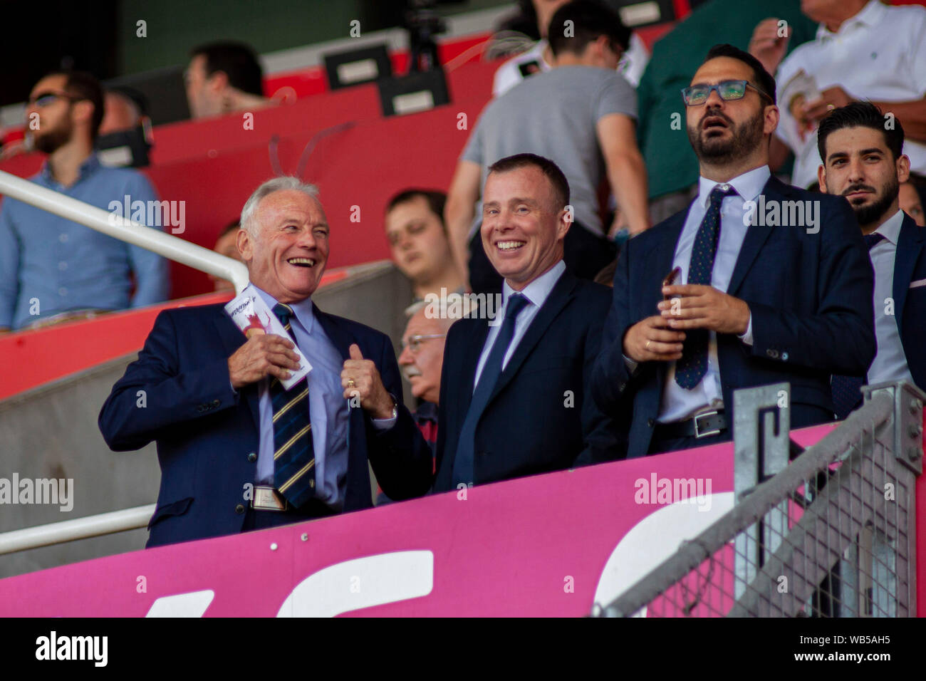 Stoke On Trent, UK. 24th Aug, 2019. Eddie Gray (L) Angus Kinnear (C) & Victor Orta (R) of Leeds United in the stands at the Bet365 Stadium. EFL Skybet championship match, Stoke City v Leeds United at the Bet365 stadium in Stoke on Trent on Saturday 24th August 2019. this image may only be used for Editorial purposes. Editorial use only, license required for commercial use. No use in betting, games or a single club/league/player publications. pic by Lewis Mitchell/Andrew Orchard sports photography/Alamy Live news Credit: Andrew Orchard sports photography/Alamy Live News Stock Photo