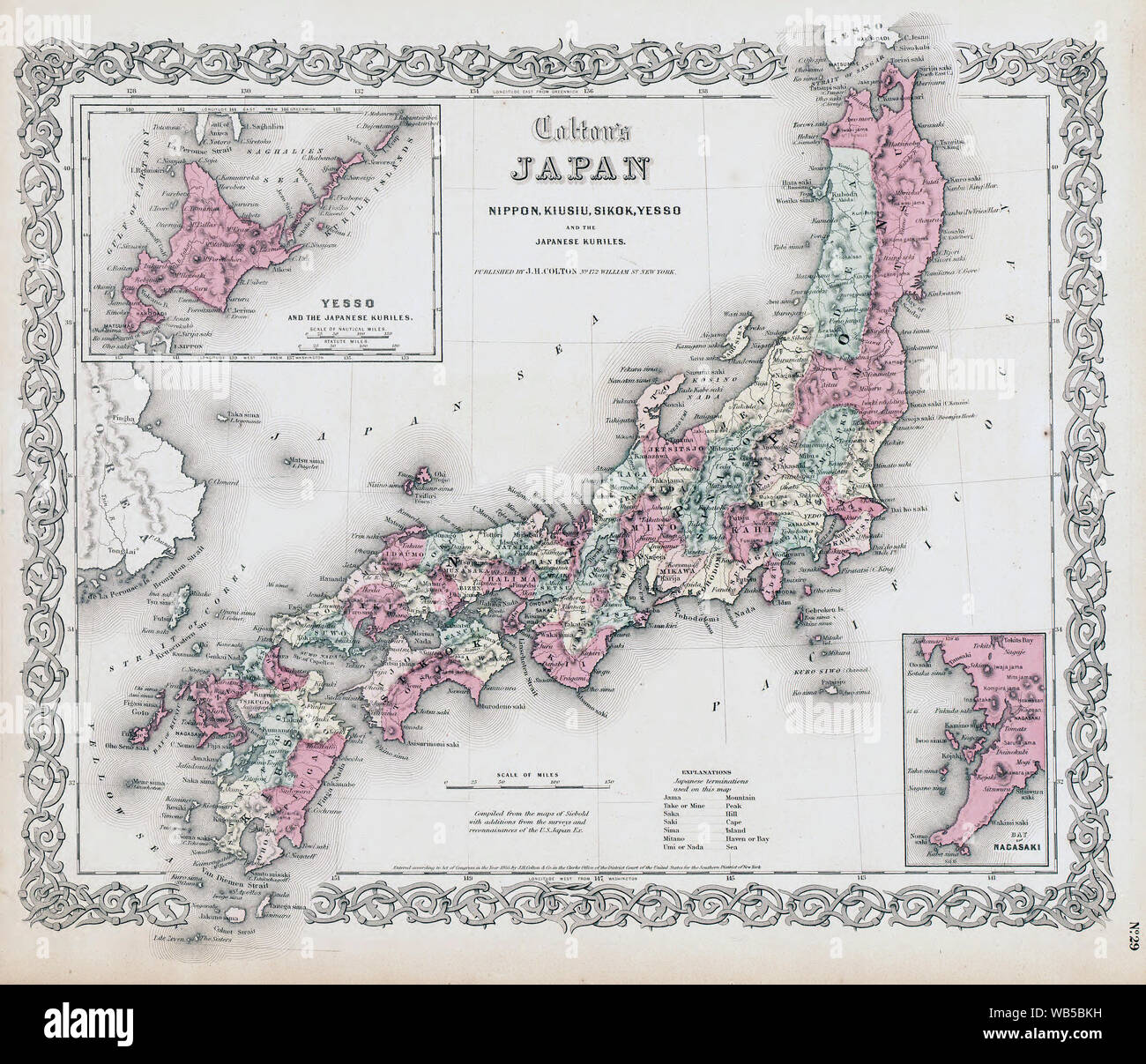 [ 1850s Japan - Map of Japan, 1855 ] —   Map of Japan by G. Woolworth Colton dating from 1855. 'Nippon, Kiusiu, Sikok, Yesso and the Japanese Kuriles.' Insets: 'Yesso and the Japanese Koriles--Bay of Nagasaki.' Original at scale ca. 1:4,118,000, 29 x 36 cm.  19th century vintage map. Stock Photo