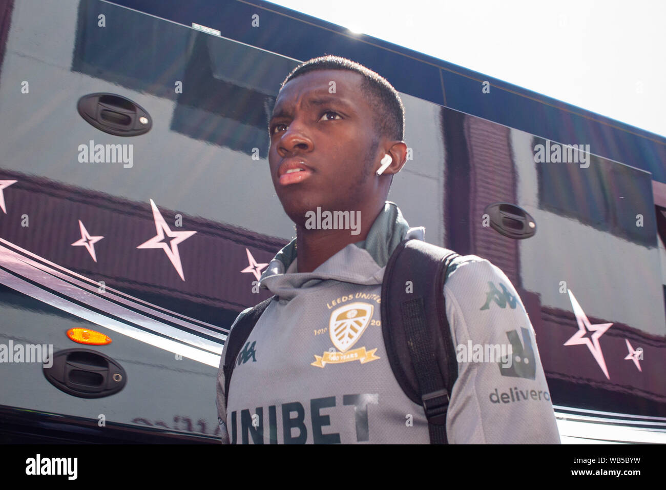Stoke On Trent, UK. 24th Aug, 2019. Eddie Nketiah of Leeds United arrives at the Bet365 Stadium. EFL Skybet championship match, Stoke City v Leeds United at the Bet365 stadium in Stoke on Trent on Saturday 24th August 2019. this image may only be used for Editorial purposes. Editorial use only, license required for commercial use. No use in betting, games or a single club/league/player publications. pic by Lewis Mitchell/Andrew Orchard sports photography/Alamy Live news Credit: Andrew Orchard sports photography/Alamy Live News Stock Photo