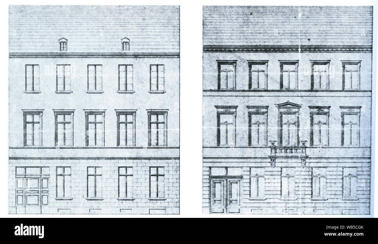 Düsseldorf, Schadowstraße 51, Frühklassizistische Fassade und Vorschlag von J. Krons zur Fassadenänderung. Stock Photo