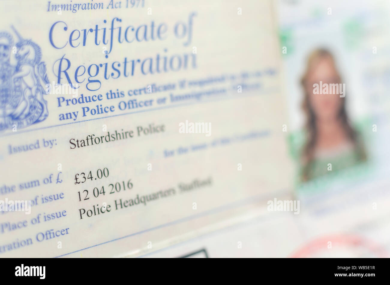UK Police Registration Certificate for restricted foreign nationals (for international students and skilled workers of certain countries). Stock Photo