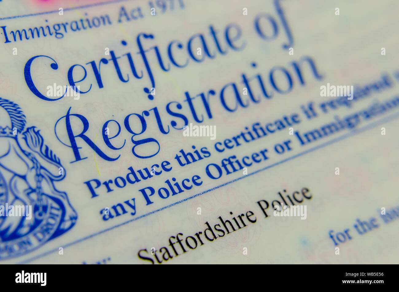 UK Police Registration Certificate for restricted foreign nationals (for international students and skilled workers of certain countries). Stock Photo
