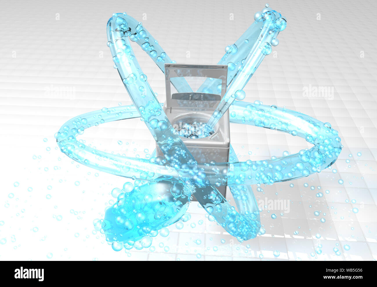 Front view of blue water jet with bubbles comes out of the interior of a laundry machine and turns 3 times around the washing machine on a white squar Stock Photo