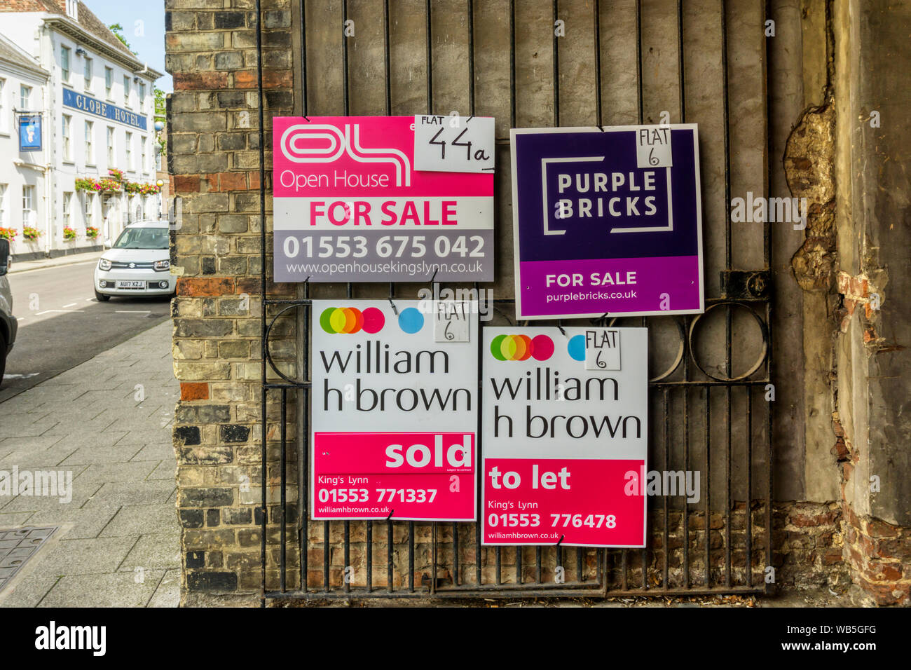 Estate Agent's boards for flats for sale in King's Lynn, Norfolk. Stock Photo