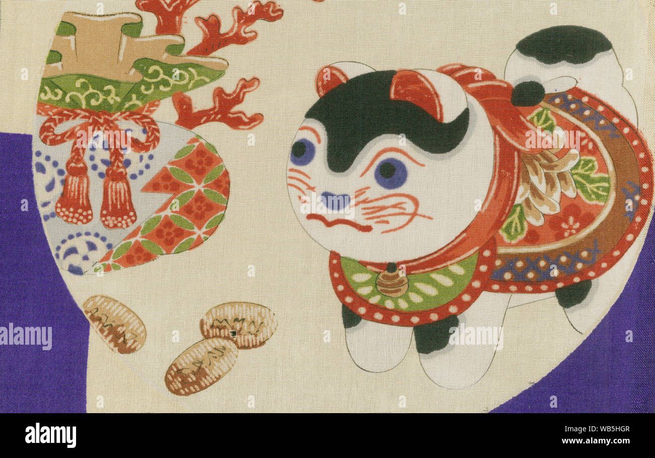 [ 1930s Japan - Japanese Design on Kimono Textile ] —   'Inu no Hariko', a papier mache dog. A traditional design pattern on silk textile used on a child's kimono, dating from the early Showa Period (1925 -1989).  20th century vintage textile design. Stock Photo