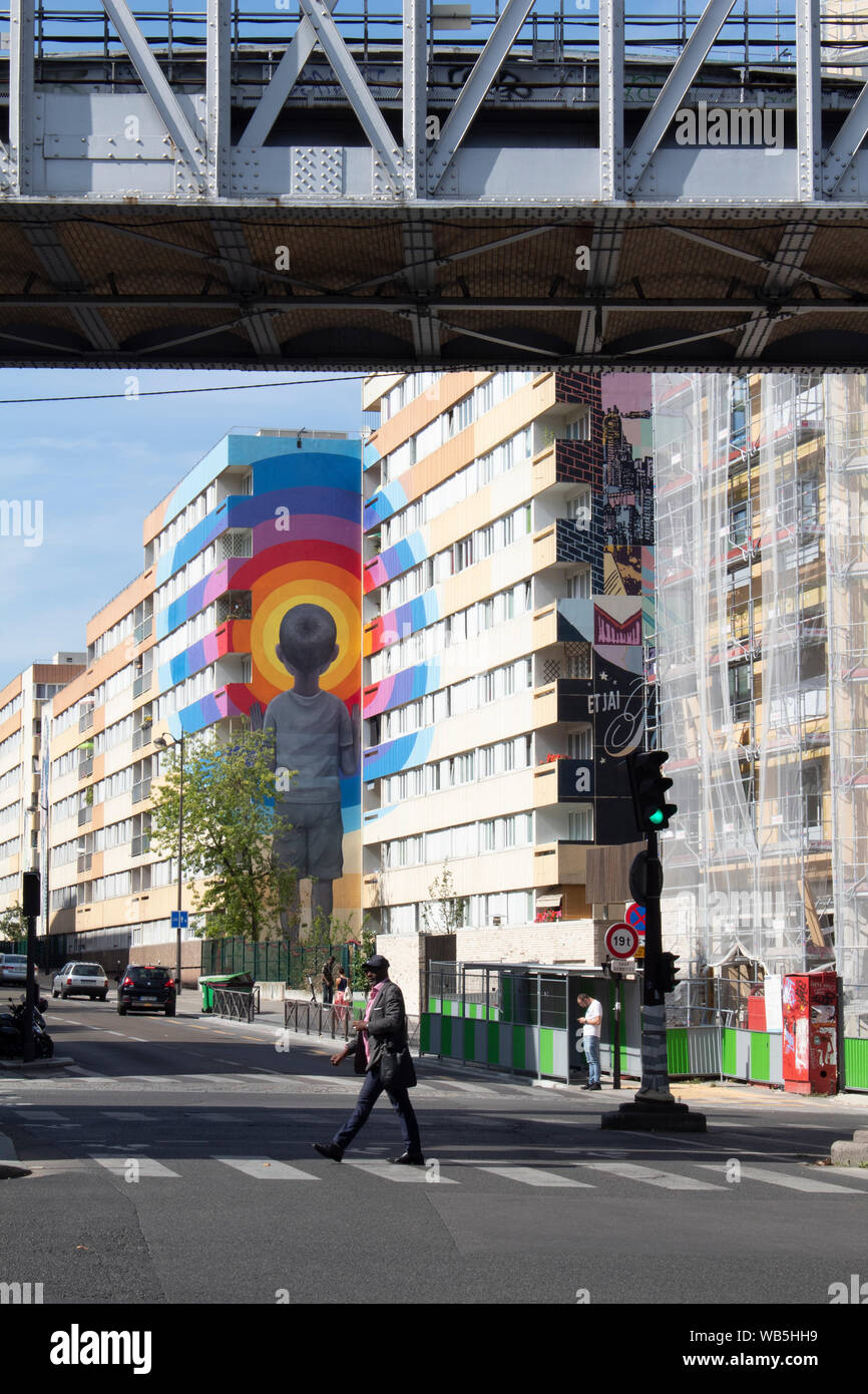 Street art on buildings along Boulevard Vincent Auriol, Paris, France Stock Photo