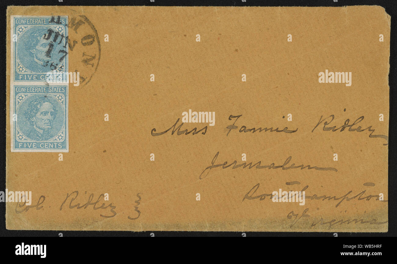 Envelope addressed to Miss Fannie Ridley, Jerusalem, Southampton, Virginia; postmarked Richmond Abstract/medium: 1 item. Stock Photo