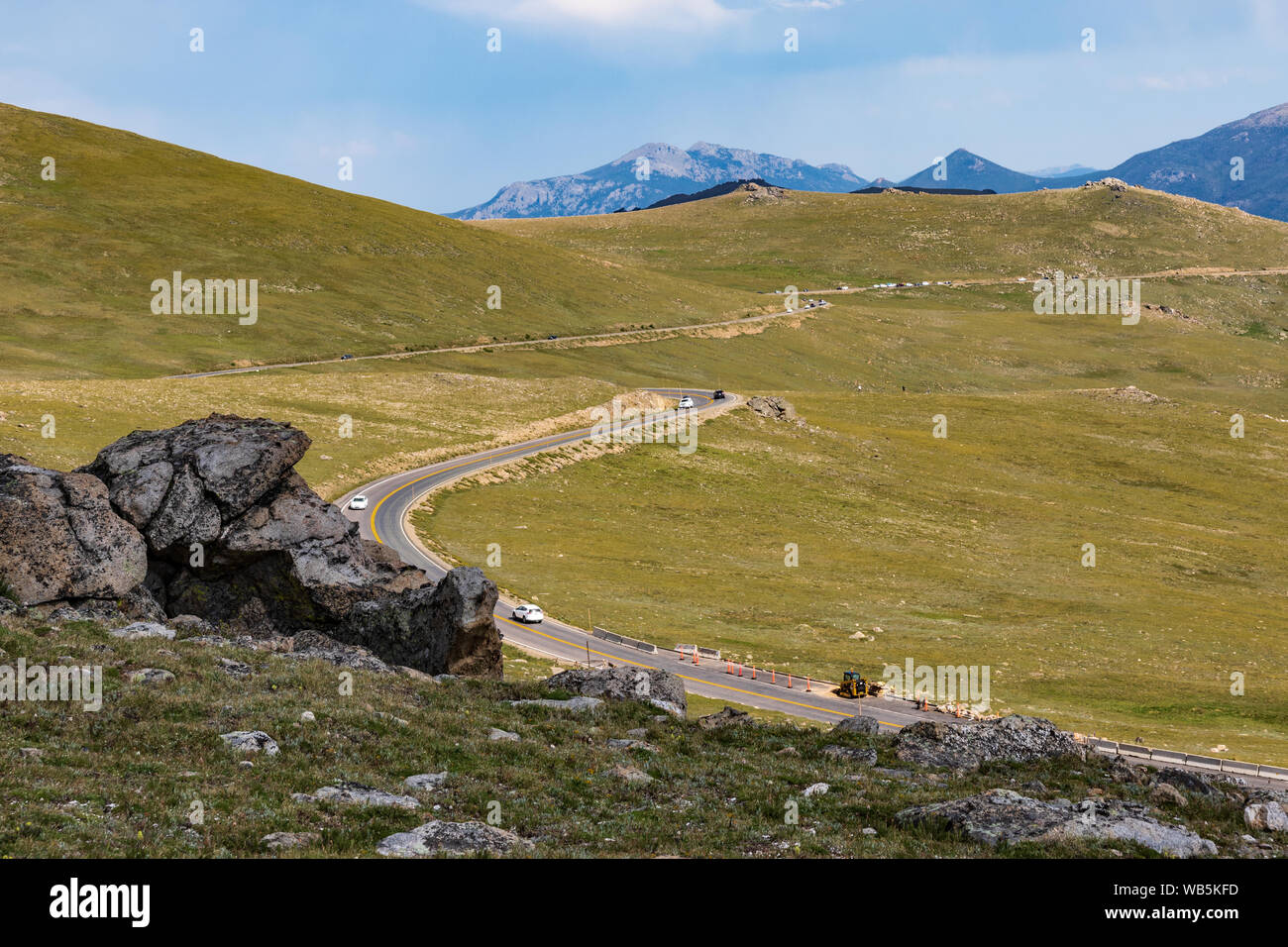 GRAND LAKE, CO, USA-17 JULY 2018:  Above the treeline in Rocky Mtn. National Park, visitors can view the road below.  Elevation here is approx. 14,000 Stock Photo