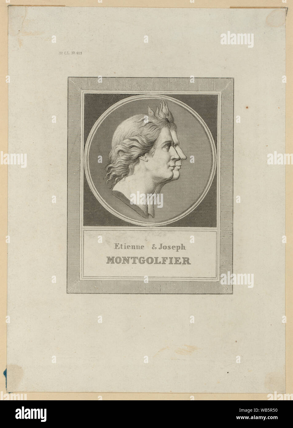 Etienne and Joseph Montgolfier; Bust-length double profile portrait of the Montgolfier brothers, French ballonists. After the gold medal designed by Houdon. Stock Photo