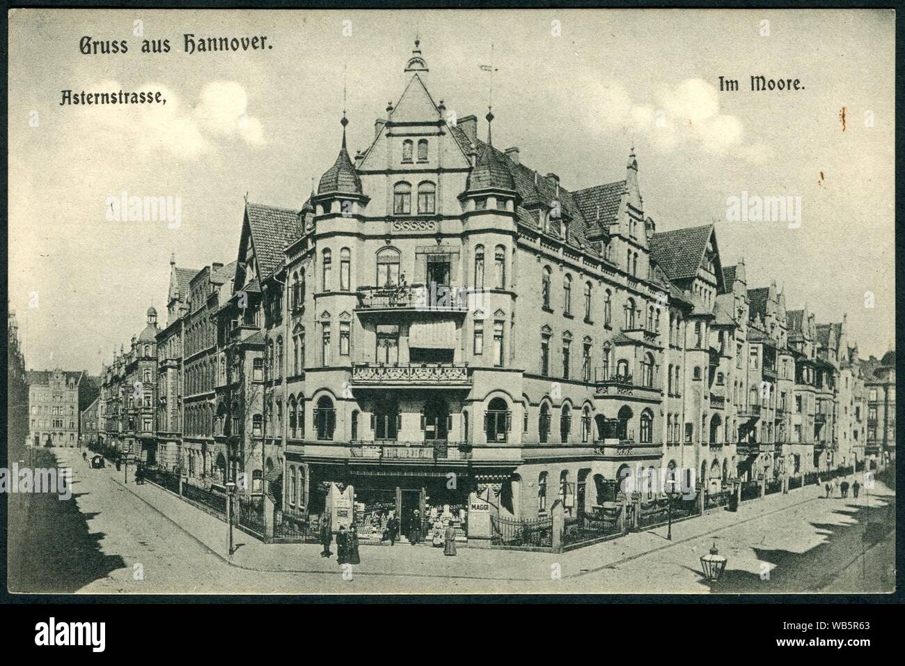 E. A. Fischer AK Gruss aus Hannover. Asternstraße. Im Moore. Bildseite Friedrich Bode Kolonialwaren Delikatessen, Hahnenstraße. Stock Photo