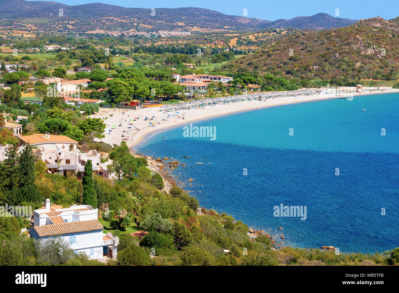 Landscape with beach near Mediterranean Sea in Villasimius in Cagliari