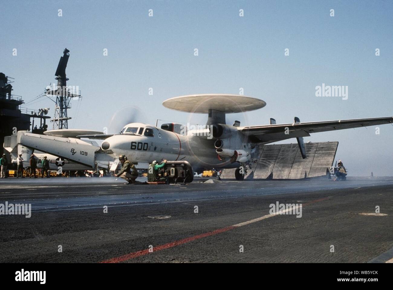 E-2C VAW-123 on cat USS America (CV-66) 1986. Stock Photo