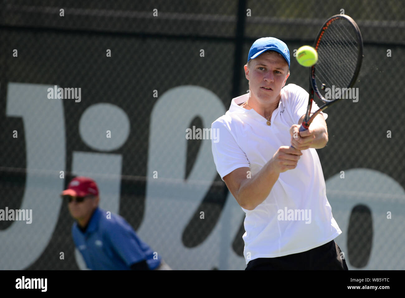 College Park, Maryland, USA. 24th Aug, 2019. Karlis Ozolins of Latvia in  action in the final of the Wayne K. Curry Prince George's County  International Junior Tennis Championships in College Park Maryland.