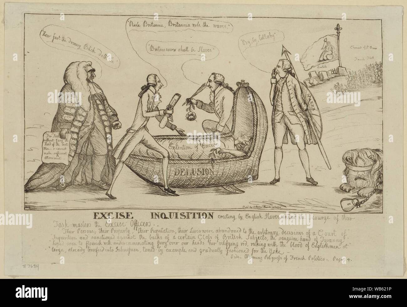 Excise inquisition erecting by English slaves under the scourge of their task-masters the excise officers Abstract: A British satire on an attempt by William Pitt and George Rose to transfer to excise law certain import duties; standing in opposition is Edward Thurlow. The central image shows Britannia, wrapped in a blanket labeled Extension of Excise, being rocked to sleep in a cradle by Pitt and Rose. Another man, possibly William Mainwaring, is holding Britannia's spear and shield which is labeled Maner and saying By, by, lullaby; to the right of his feet is the British lion, blindfolded an Stock Photo