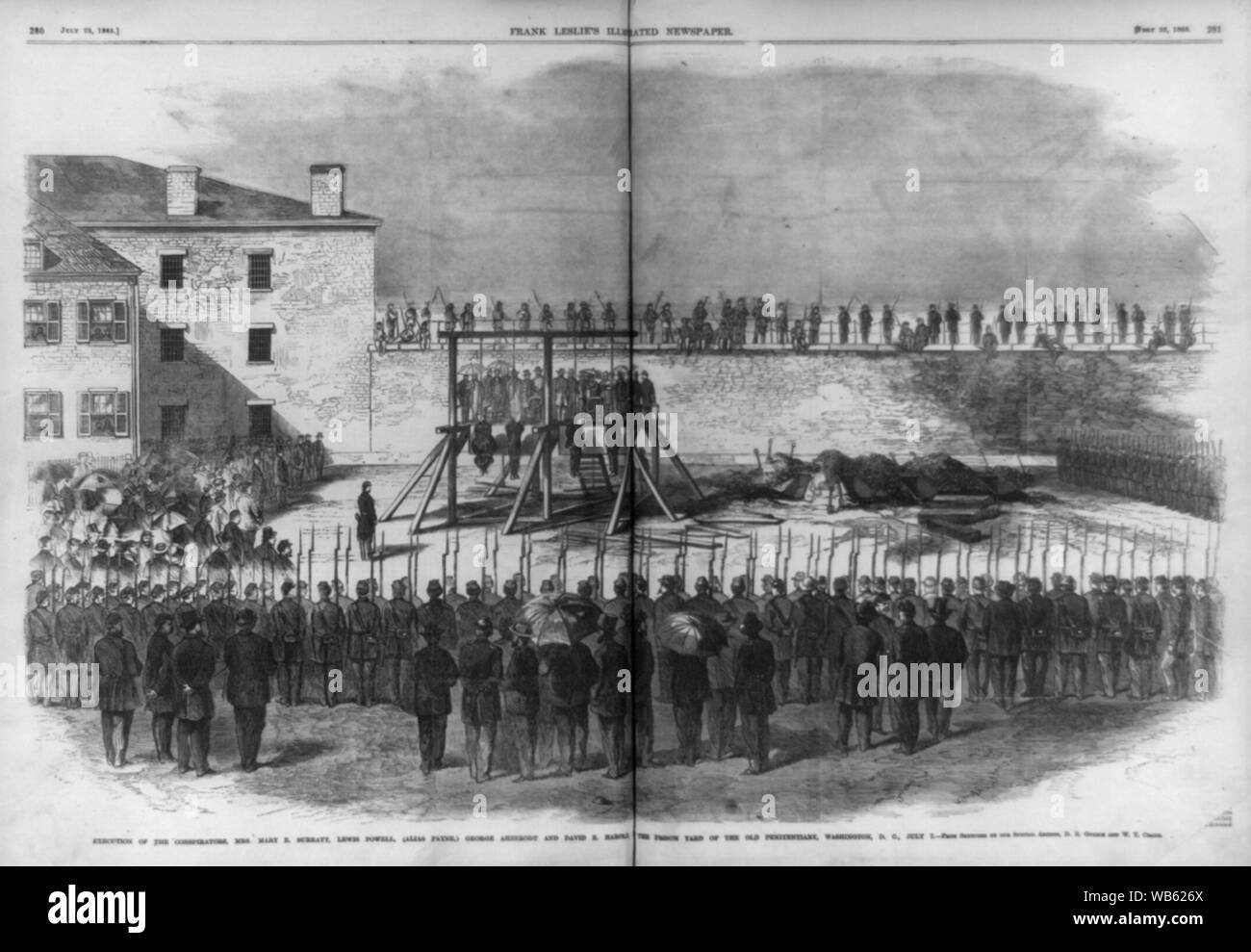 Execution of the conspirators, Mrs. Mary E. Surratt, Lewis Powell, (Alias Payne) George Ahzerodt and David E. Harold . . . the prison yard of the old penitentiary, Washington, D.C. July 7 Abstract/medium: 1 print : wood engraving. Stock Photo