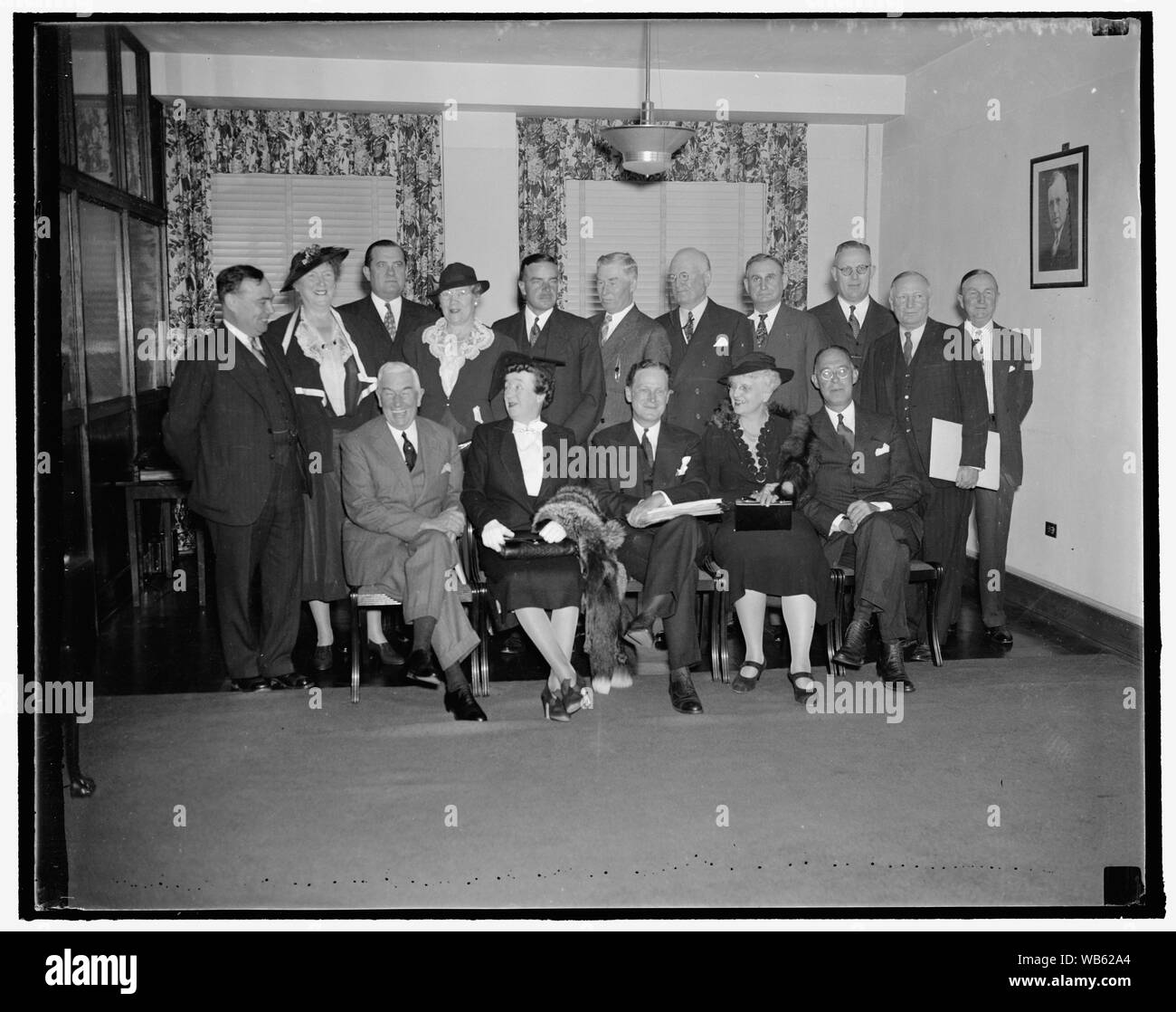 Executive Committee of the National Republican Committee. Washington, D.C., Sept. 23. The Executive Committee of the Republican National Committee held their first meeting to plan their campaigns for the Congressional Elections that are to be held in 1938. Left to right, seated are: Henry P. Fletcher of R.I., Mrs. Marjorie Scranton of PA., John Hamilton of Kansas, Chairman, Mrs. John E. Hillman of Colo., C.B. Goodspeed of Ill., Treasurer, and standing left to right: Joseph W. Martin, Jr. of Mass., Mrs. Paul Fitzsimmons of R.I., Walter S. Hallanan of West. VA., [...]S. Harace B. Sayre of Okla., Stock Photo