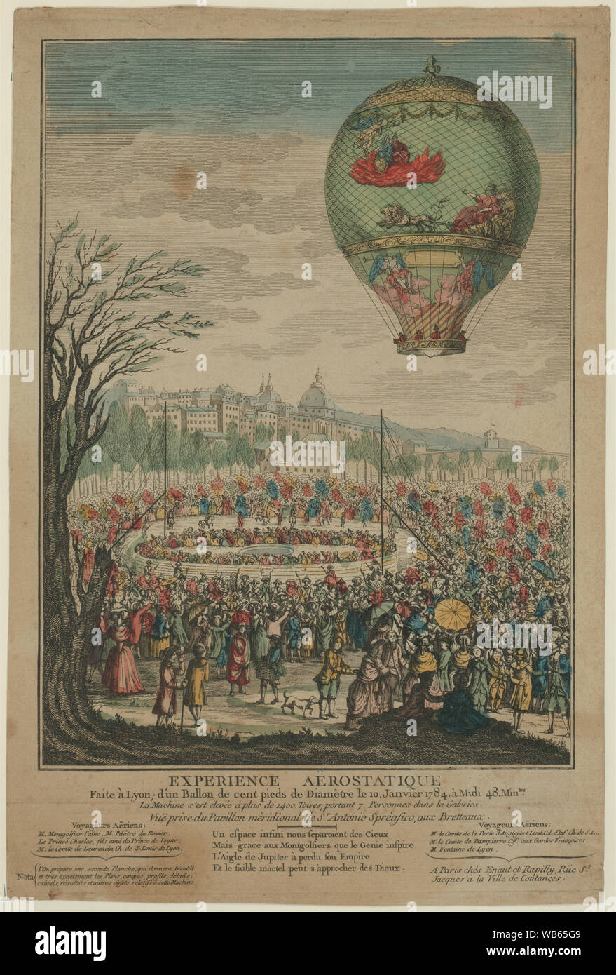 Experience aërostatique faite à Lyon; d'un ballon de cent pieds de diamètre le 10 [i.e. 19] janvier 1784, à midi 48 min[u]tes; Print shows the balloon, Le Flesselles ascending over Lyon, France, on January 19, 1784, carrying seven passengers including Joseph Montgolfier and Jean François Pilâtre de Rozier. (Source: A.G. Renstrom, LC staff, 1981-82.) Stock Photo