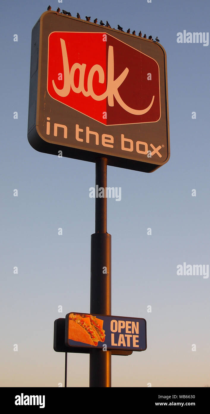 Jack in the Box fast food restaurant open late sign along Interstate 5, California Stock Photo