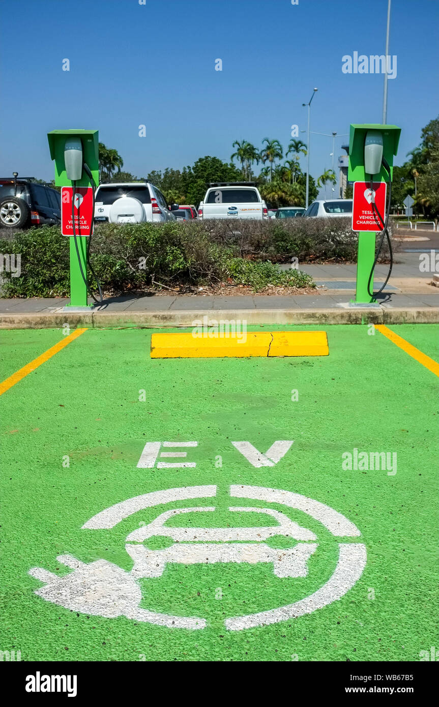 Tesla electric vehicule chargers at the Darwin International Airport in Darwin, Northern Territory Australia. Stock Photo