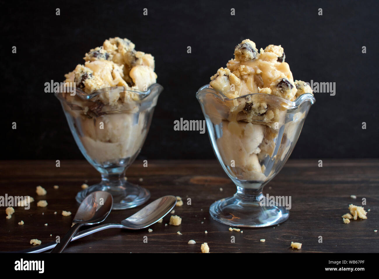 Vegan Salted Caramel Cookie Dough Ice Cream Sundae Stock Photo